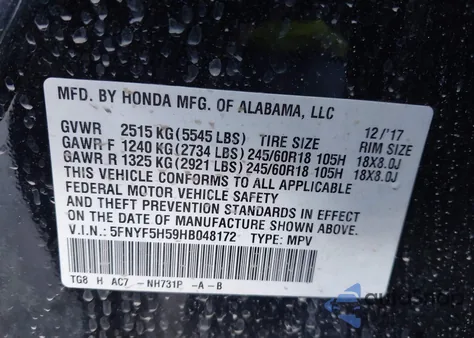 2017 Honda Pilot Ex-L z USA, uszkodzony, nr VIN 5FNYF5H59HB048172